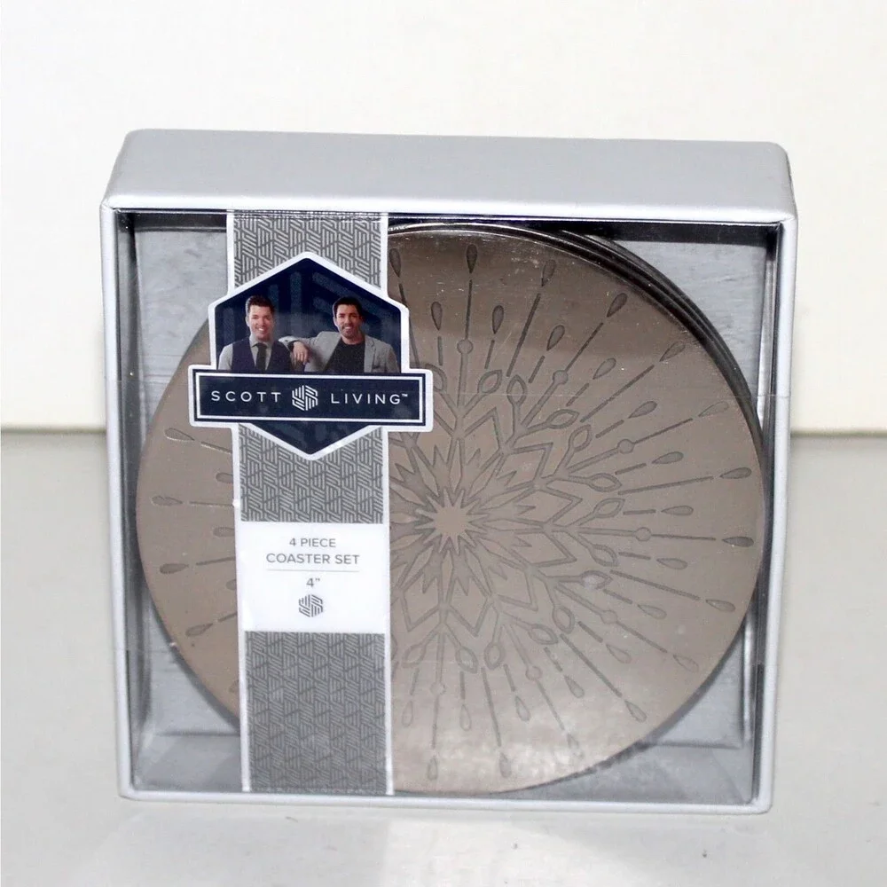 Scott Living 4 Coasters set stainless steel silver round Drew Jonathan brothers